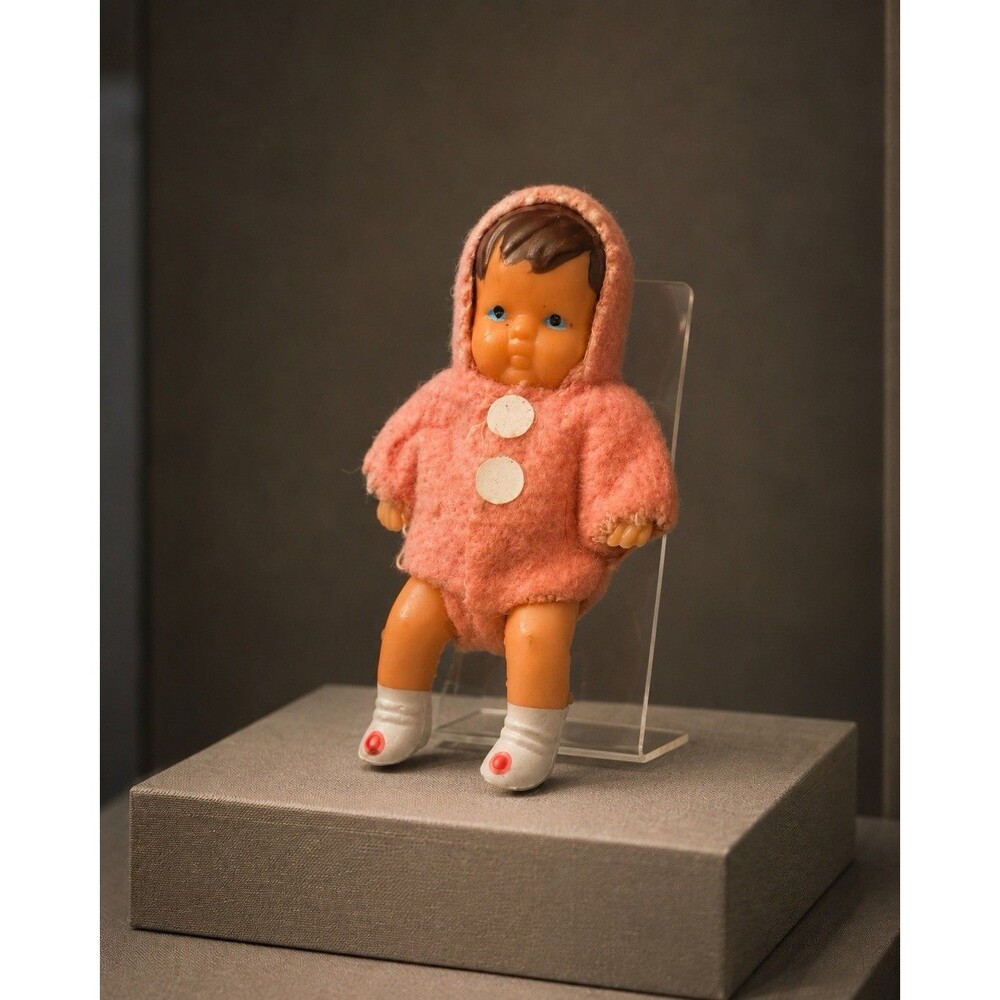 Vtg Shackman N.Y. Miniature 2.75” Baby Doll Pink Hooded Coat Hong Kong w/Sticker